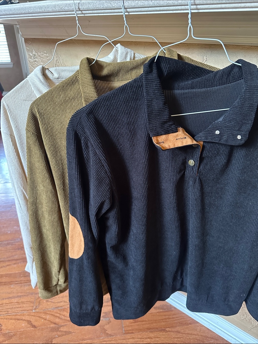 Men's Black Corduroy Long-Sleeve Shirt with Tan Elbow Patches